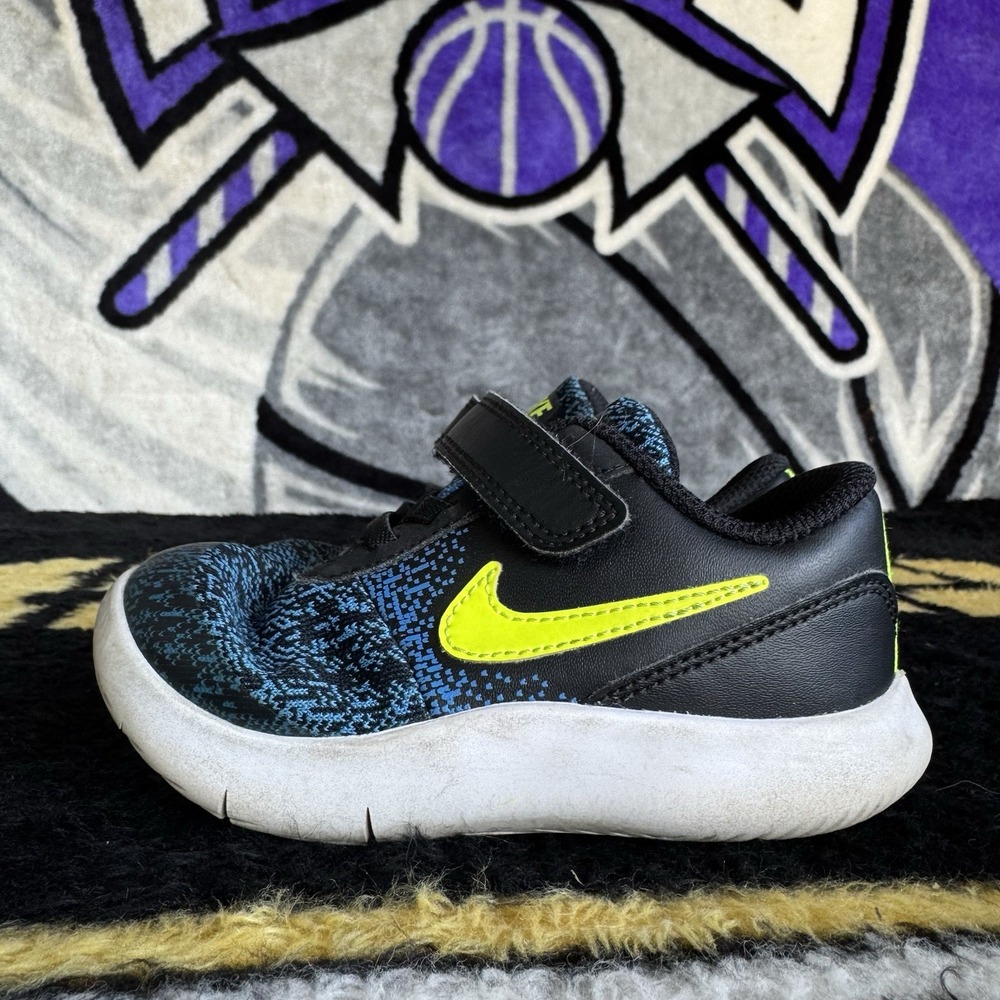 Size 8c - Nike Flex Contact Toddler Shoes Black Blue Volt Sneakers 917935-005